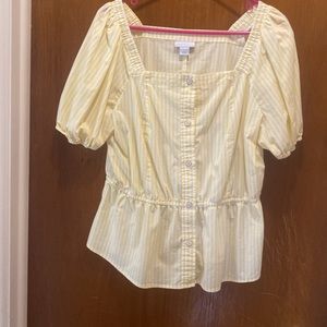 3/$15. Yellow and white striped top with square neck and peplum